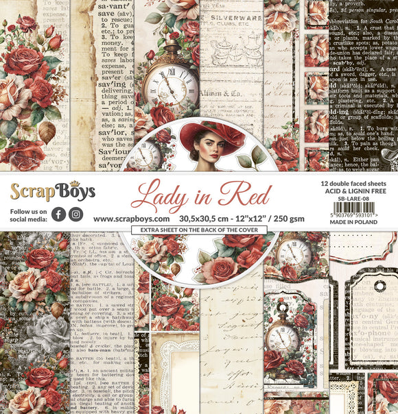 LADY In RED,, scrapboys, 12 double sided 12x12, scrapbooking paper pack