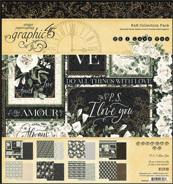 Graphic 45 * P.S. I Love You  * 8x8 double sided scrapbooking paper pack with stickers
