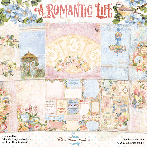 Blue Fern Studios, A Romantic Life , set of 10 sheets 12x12, 1 ea. Double sided scrapbooking paper cardstock.