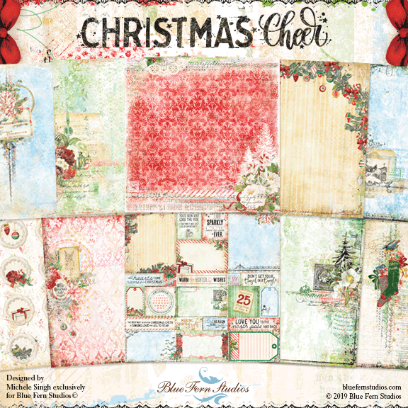 Blue Fern Studios, Christmas Cheer set of 10 sheets 12x12, 1 ea. Double sided scrapbooking paper cardstock.