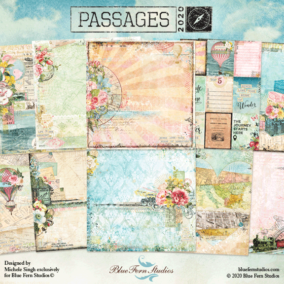 Blue Fern Studios, Passages, 12x12 Set of 10 sheets 12x12,1 ea. Double sided scrapbooking paper cardstock.