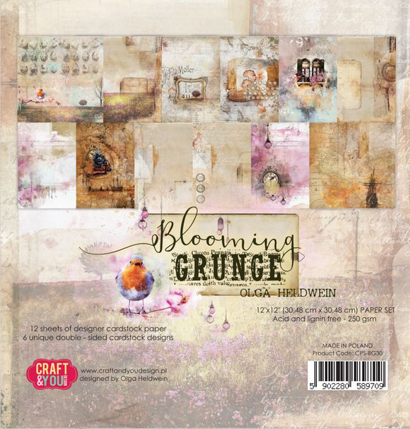 Blooming Grunge, Craft and You Design, Paper Set of 12 sheets 12x12