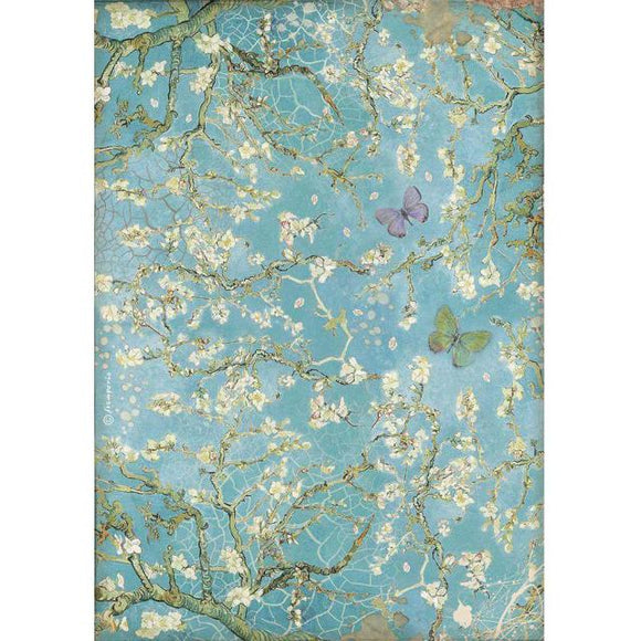 Stamperia A4 Rice paper - ATELIER DES ARTS Blue background with butterfly
