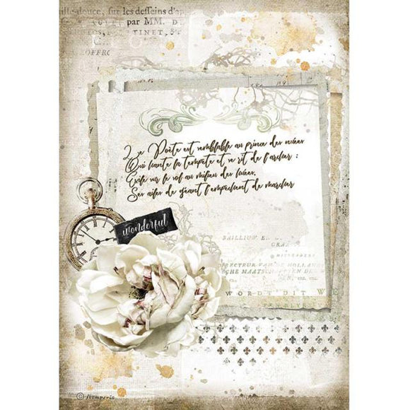 Stamperia A4 Rice paper - Romantic JOURNAL Manuscript and Clock