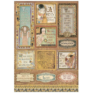 Klimt, Stamperia,  A4 Rice Paper, quotes and labels