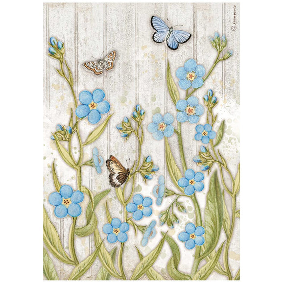 Romantic Garden House, Stamperia, A4 Rice paper packed -  blue flowers and butterfly