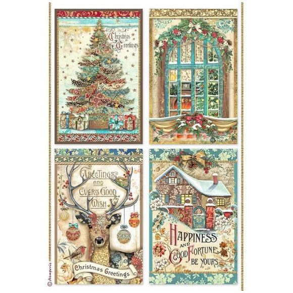 Stamperia, A4 Rice  paper packed - Christmas Greetings 4 cards
