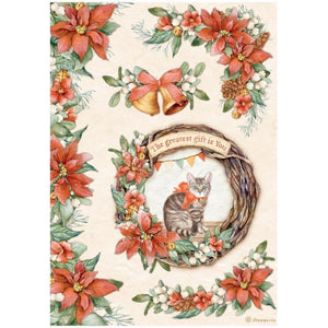 Stamperia, A4 Rice  paper packed - All Around Christmas garland with cat