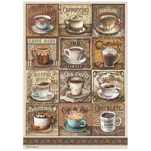 Stamperia A4 Rice paper packed - Coffee and Chocolate tags with cups