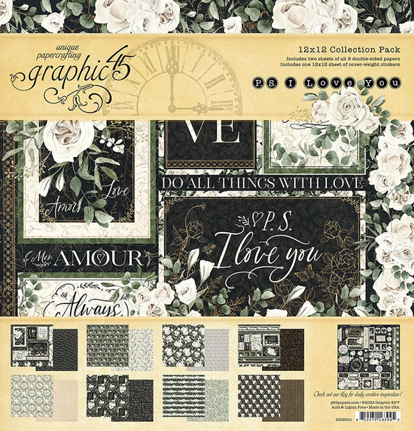 Graphic 45 * P.S. I Love You  * 12x12 double sided scrapbooking paper pack with stickers