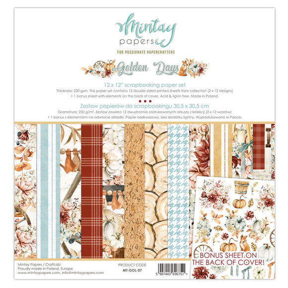 Mintay *** GOLDEN DAYS *** 12 x12 Double Sided Designer Scrapbooking Paper Pack collection, Cardstock