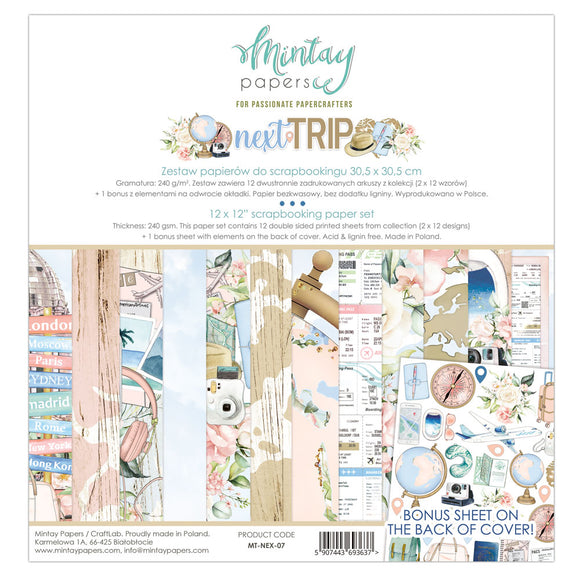 Mintay *** NEXT TRIP ***  12 x12  Double Sided Designer Scrapbooking Paper Pack collection, Cardstock