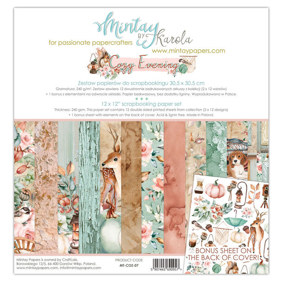 Mintay *** COZY EVENING ***  12 x12  Double Sided Designer Scrapbooking Paper Pack collection, Cardstock